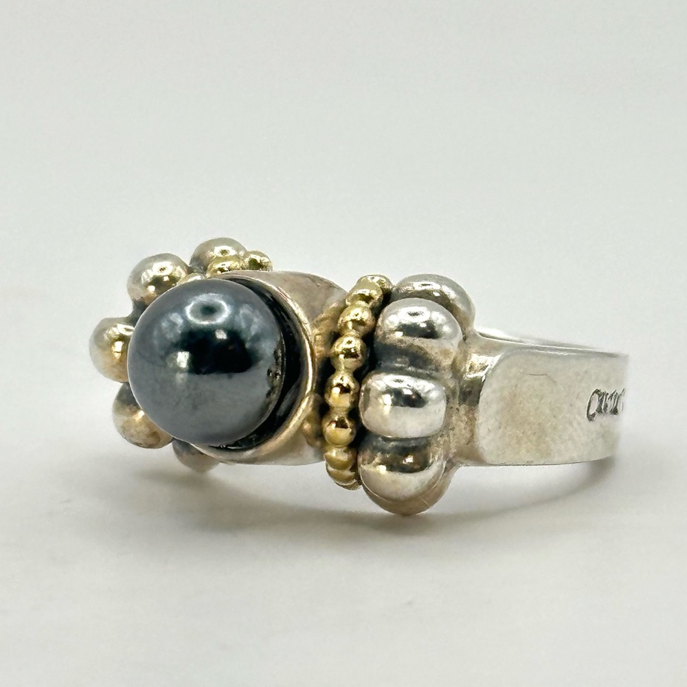 Lagos Vintage Caviar Hematite , Silver & 18 Kt Gold Ring Size 7